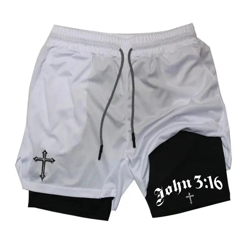 New 2026 Men'S 2-In-1 Cross Printed Sports Shorts with Phone Pocket and Christian Performance Athletic Buckle