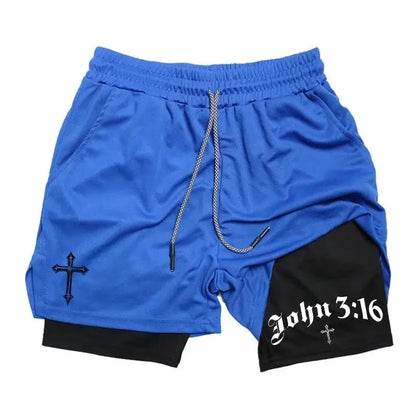 New 2026 Men'S 2-In-1 Cross Printed Sports Shorts with Phone Pocket and Christian Performance Athletic Buckle