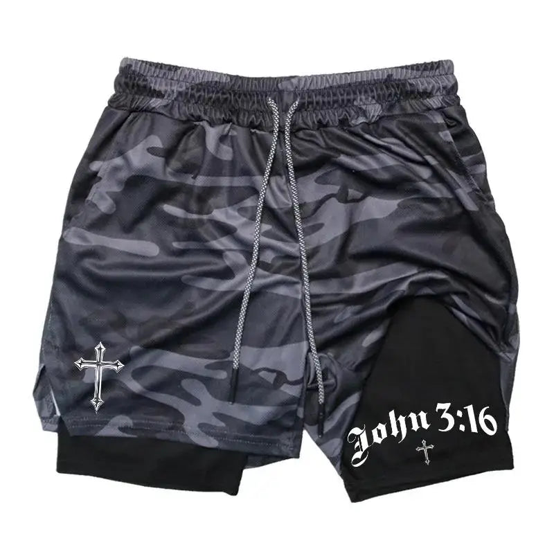 New 2026 Men'S 2-In-1 Cross Printed Sports Shorts with Phone Pocket and Christian Performance Athletic Buckle