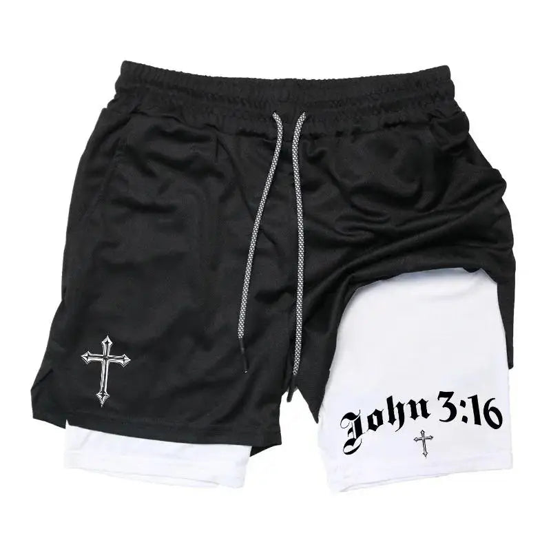 New 2026 Men'S 2-In-1 Cross Printed Sports Shorts with Phone Pocket and Christian Performance Athletic Buckle