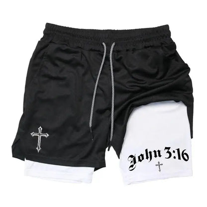 New 2026 Men'S 2-In-1 Cross Printed Sports Shorts with Phone Pocket and Christian Performance Athletic Buckle