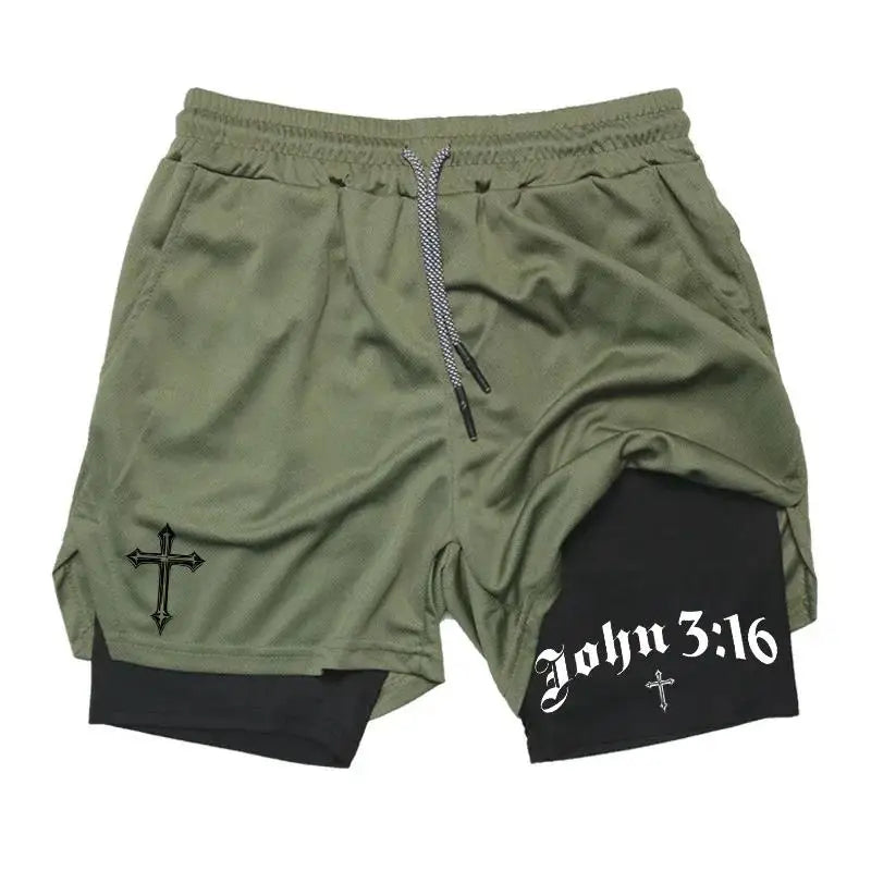 New 2026 Men'S 2-In-1 Cross Printed Sports Shorts with Phone Pocket and Christian Performance Athletic Buckle