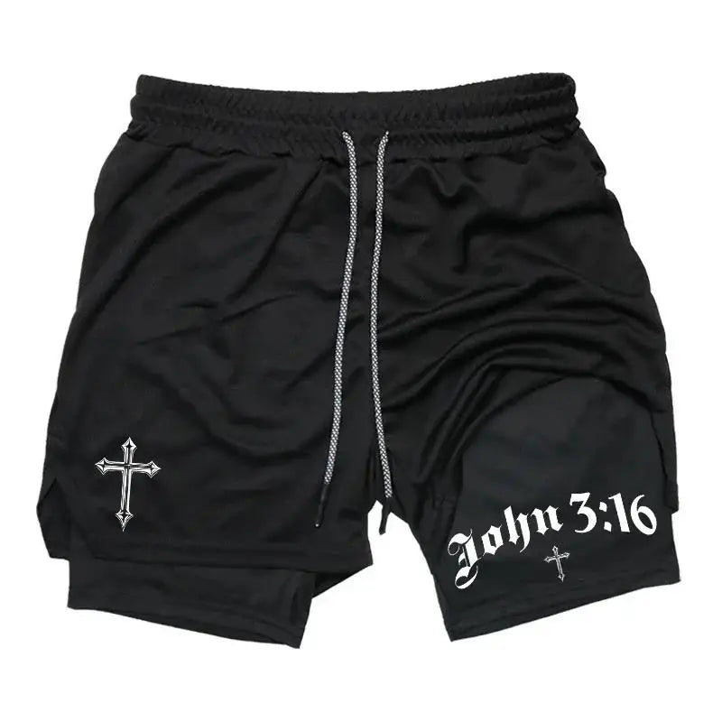 New 2026 Men'S 2-In-1 Cross Printed Sports Shorts with Phone Pocket and Christian Performance Athletic Buckle