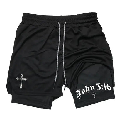 New 2026 Men'S 2-In-1 Cross Printed Sports Shorts with Phone Pocket and Christian Performance Athletic Buckle