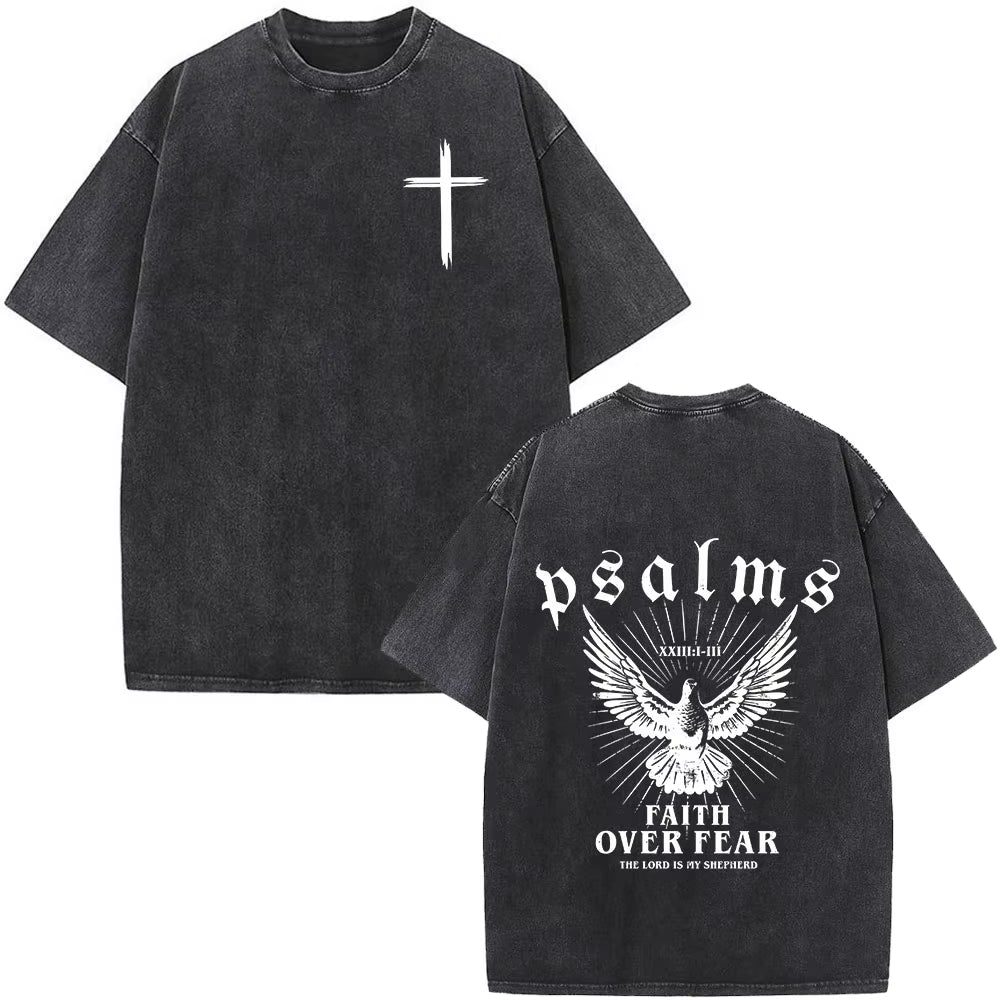 Christian Jesus Faith over Fear Bible Verse Washed T-Shirts Men Women Fashion Vintage Oversized T Shirts Harajuku Cotton T-Shirt