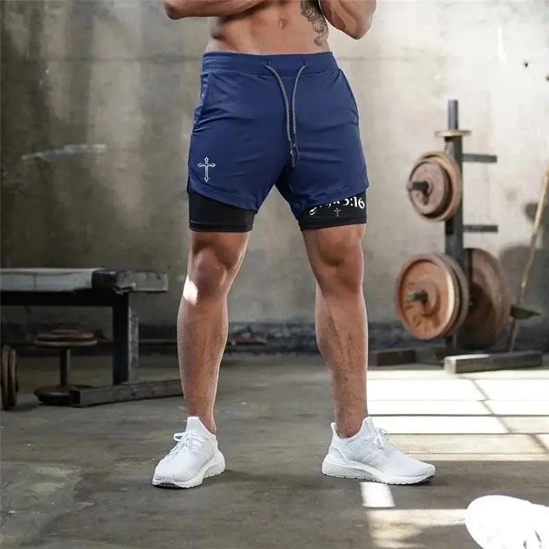 New 2026 Men'S 2-In-1 Cross Printed Sports Shorts with Phone Pocket and Christian Performance Athletic Buckle