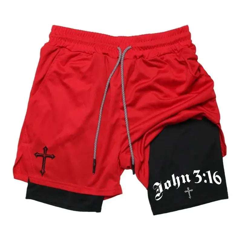 New 2026 Men'S 2-In-1 Cross Printed Sports Shorts with Phone Pocket and Christian Performance Athletic Buckle