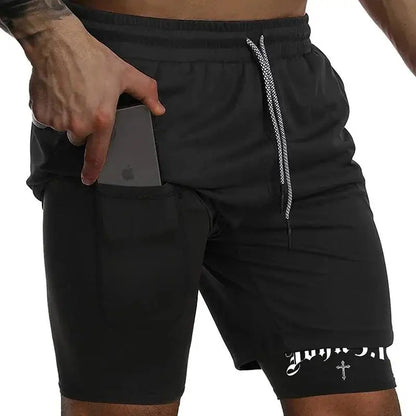 New 2026 Men'S 2-In-1 Cross Printed Sports Shorts with Phone Pocket and Christian Performance Athletic Buckle