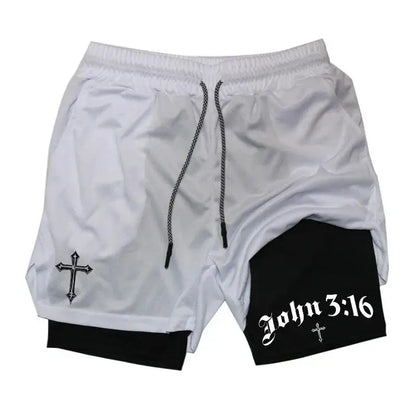 New 2026 Men'S 2-In-1 Cross Printed Sports Shorts with Phone Pocket and Christian Performance Athletic Buckle