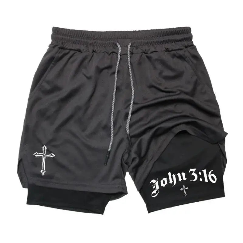 New 2026 Men'S 2-In-1 Cross Printed Sports Shorts with Phone Pocket and Christian Performance Athletic Buckle