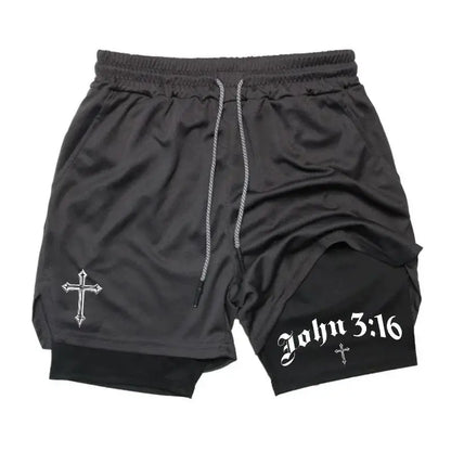 New 2026 Men'S 2-In-1 Cross Printed Sports Shorts with Phone Pocket and Christian Performance Athletic Buckle