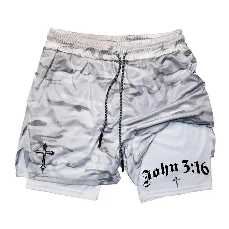 New 2026 Men'S 2-In-1 Cross Printed Sports Shorts with Phone Pocket and Christian Performance Athletic Buckle