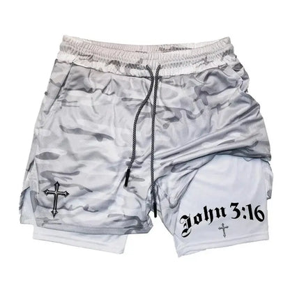 New 2026 Men'S 2-In-1 Cross Printed Sports Shorts with Phone Pocket and Christian Performance Athletic Buckle