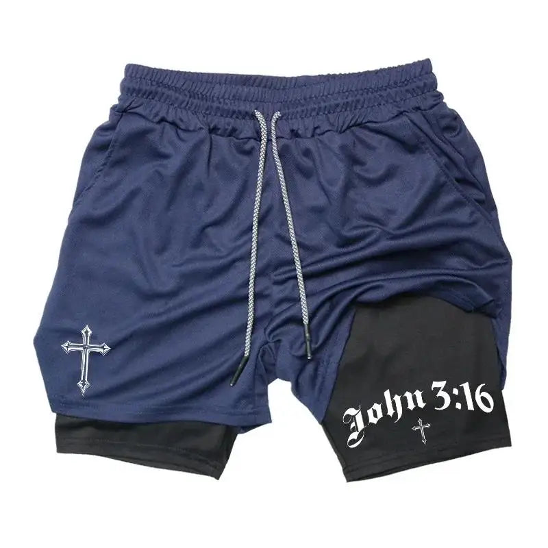 New 2026 Men'S 2-In-1 Cross Printed Sports Shorts with Phone Pocket and Christian Performance Athletic Buckle