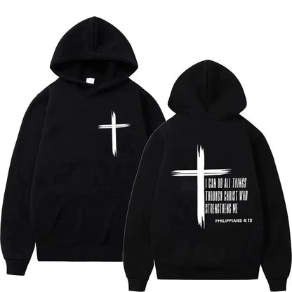Men'S Hoodie with Religious Cross and Motivational Text Prints Pullover Style Autumn Fashion Hooded Hoodie Casual Hoodie Unisex